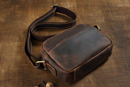 Men's Shoulder Bag Genuine Cowhide Leather Crazy Horse Handmade Original Casual Retro Men's Crossbody Bag 