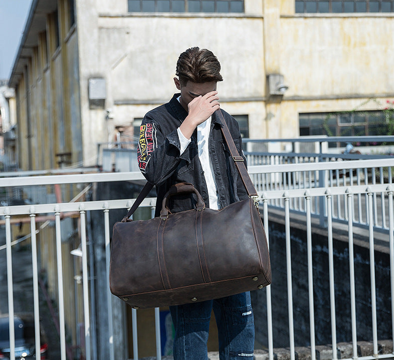 Men's handbag, large size, large capacity, genuine cowhide leather, Crazy Horse men's travel bag 