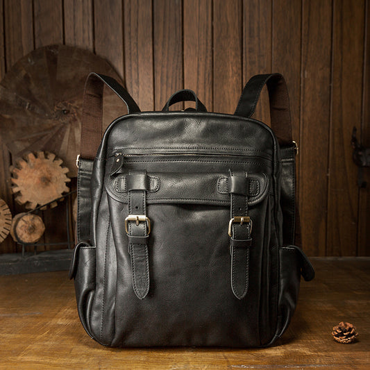 Men's Rucksack Handmade Cowhide Genuine Leather Casual Travel Bag Computer Bag Simple Fashion Unisex Bag 