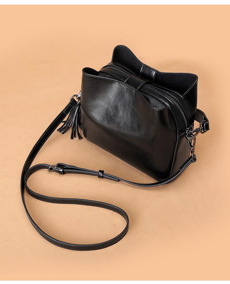 Cowhide Bag Fashion Genuine Leather Bag Fringe Bag Women Crossbody Bag Bucket Bag Shoulder Bag.Pochette