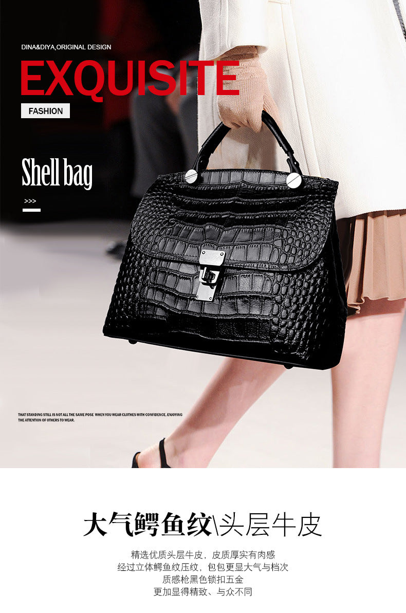 Ladies bag genuine leather handbag top with cowhide crocodile pattern fashion shoulder bag commuting OL handbag.bag