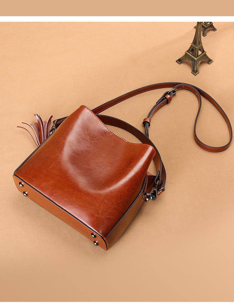 Cowhide Bag Fashion Genuine Leather Bag Fringe Bag Women Crossbody Bag Bucket Bag Shoulder Bag.Pochette