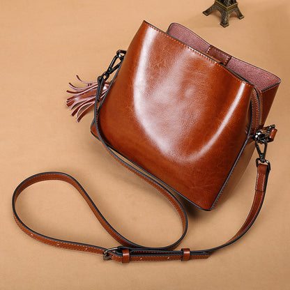 Cowhide Bag Fashion Genuine Leather Bag Fringe Bag Women Crossbody Bag Bucket Bag Shoulder Bag.Pochette