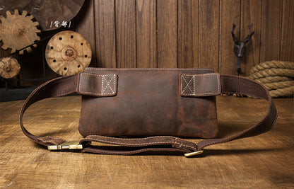 Men's Waist Pouch Handmade Cowhide Genuine Leather Casual Retro Bust Bag Outdoor Sports Korean Fashion Unique Crossbody Bag 