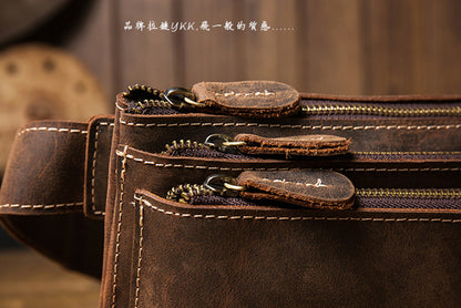 Men's Waist Pouch Handmade Cowhide Genuine Leather Casual Retro Bust Bag Outdoor Sports Korean Fashion Unique Crossbody Bag 