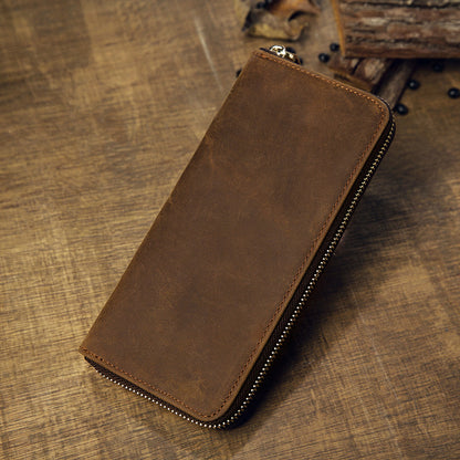 Men's long wallet made of genuine cowhide leather Crazy Horse handmade zipper retro simple casual clutch bag men's wallet mobile phone bag 