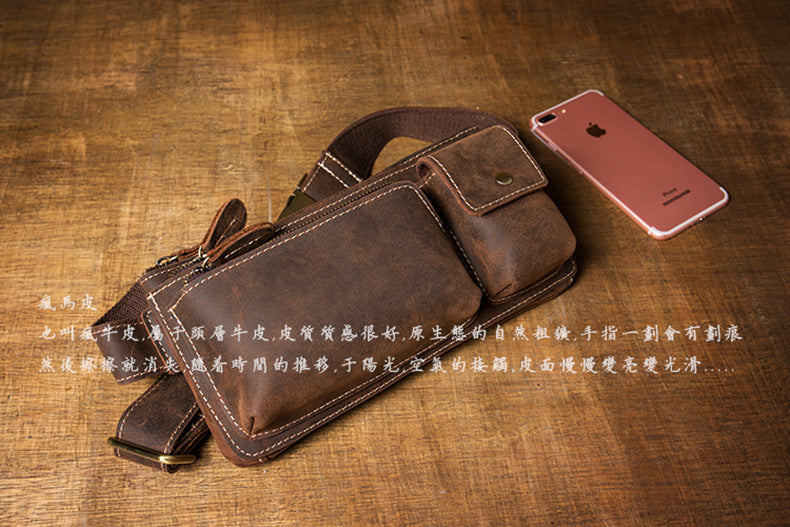 Men's Waist Pouch Handmade Cowhide Genuine Leather Casual Retro Bust Bag Outdoor Sports Korean Fashion Unique Crossbody Bag 