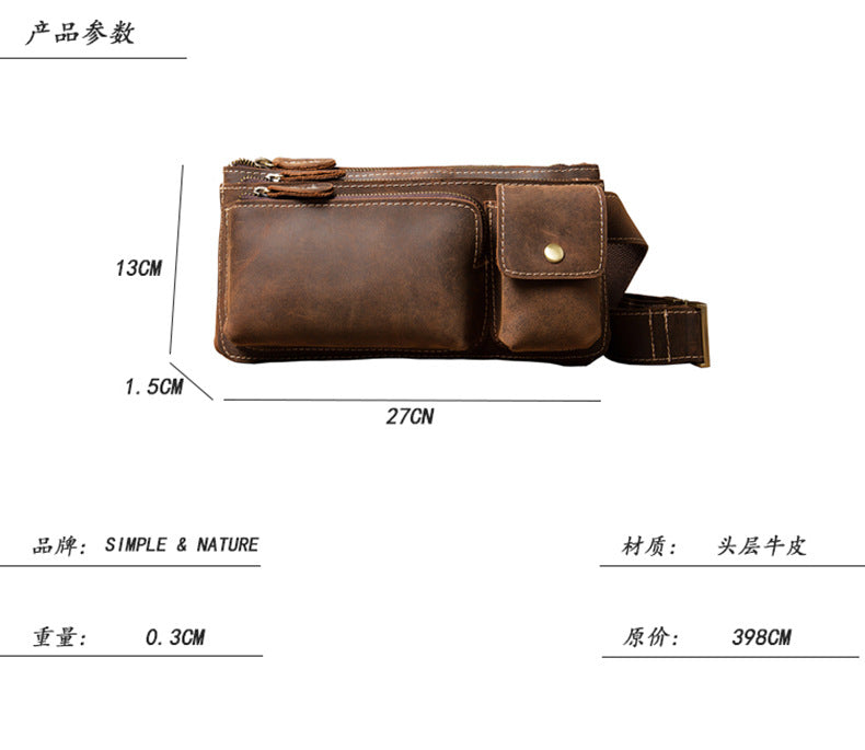 Men's Waist Pouch Handmade Cowhide Genuine Leather Casual Retro Bust Bag Outdoor Sports Korean Fashion Unique Crossbody Bag 