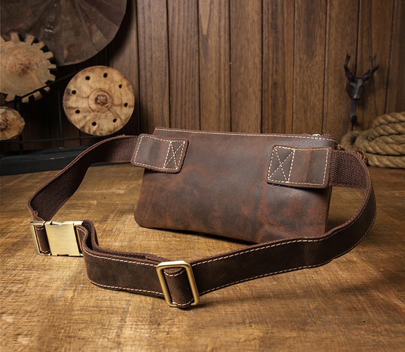 Men's Waist Pouch Handmade Cowhide Genuine Leather Casual Retro Bust Bag Outdoor Sports Korean Fashion Unique Crossbody Bag 