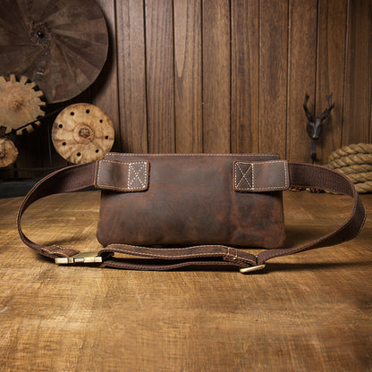 Men's Waist Pouch Handmade Cowhide Genuine Leather Casual Retro Bust Bag Outdoor Sports Korean Fashion Unique Crossbody Bag 