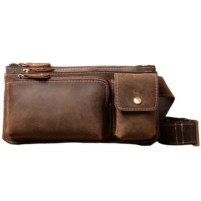 Men's Waist Pouch Handmade Cowhide Genuine Leather Casual Retro Bust Bag Outdoor Sports Korean Fashion Unique Crossbody Bag 