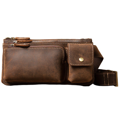 Men's Waist Pouch Handmade Cowhide Genuine Leather Casual Retro Bust Bag Outdoor Sports Korean Fashion Unique Crossbody Bag 