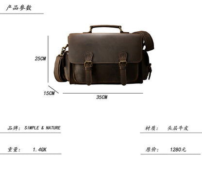 Men's Handbag Handbag Cowskin Genuine Leather Handmade Messenger Bag Crazy Horse Retro Crossbody Shoulder Bag Camera Bag 