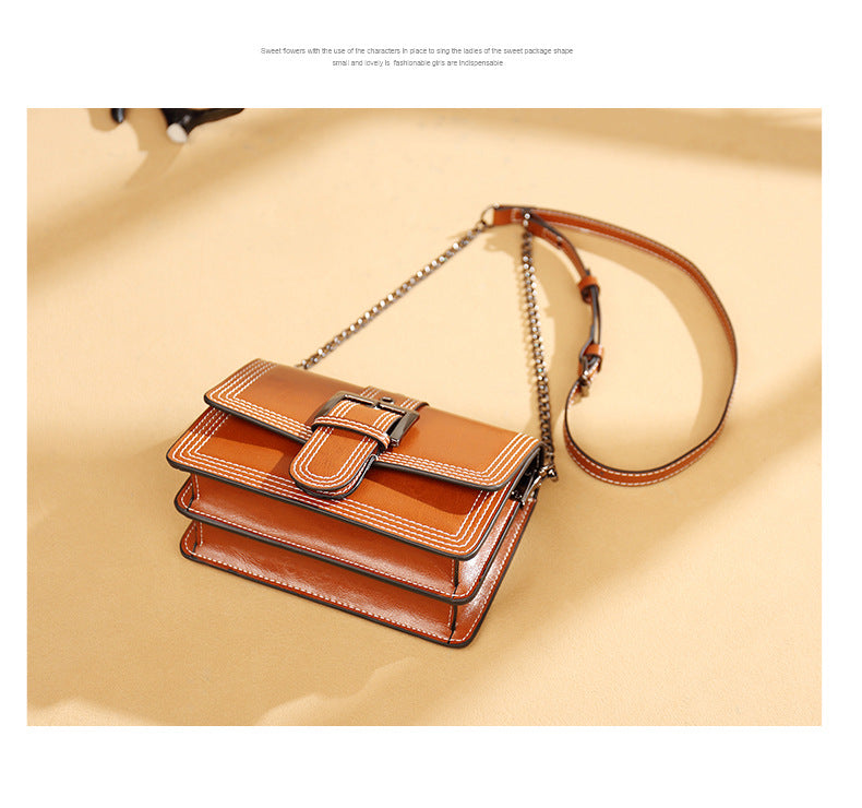 Women's Bag Genuine Leather Chain Bag Fashion Square Bag Simple Retro Elegant Shoulder Bag.Pochette