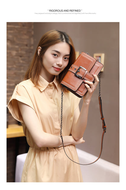 Women's Bag Genuine Leather Chain Bag Fashion Square Bag Simple Retro Elegant Shoulder Bag.Pochette