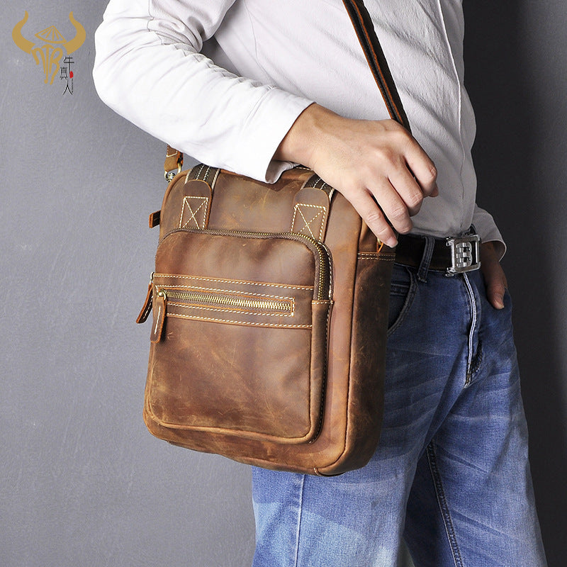 Men's Shoulder Bag Genuine Cowhide Leather Retro Men's Crossbody Bag 