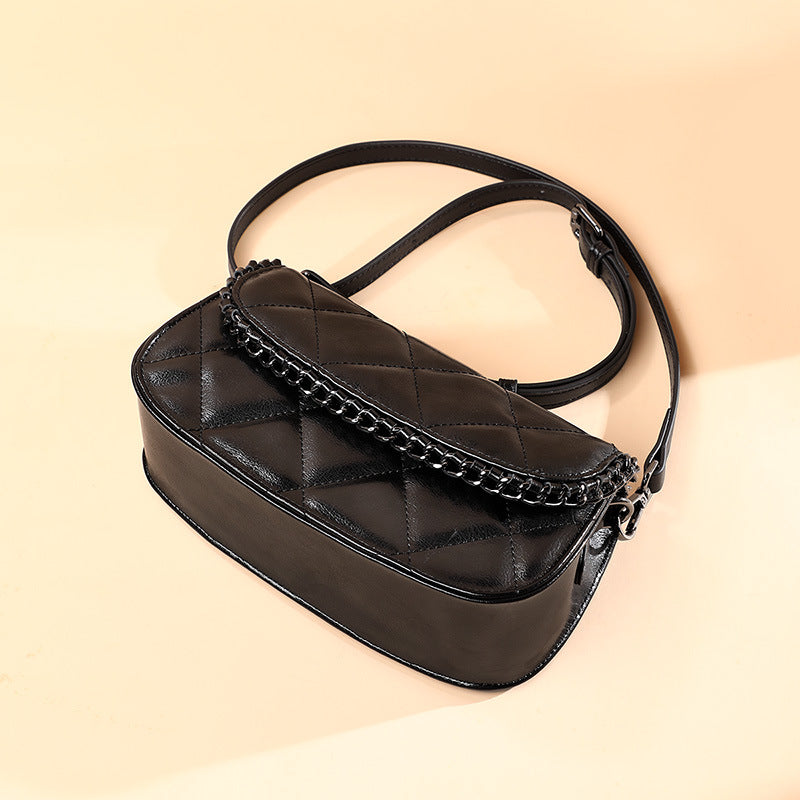 Women's bag Genuine leather fashion plaid chain bag broadband trendy commuting shoulder bag that goes with anything. Pochette