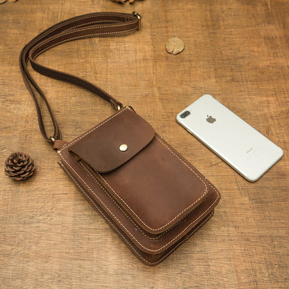 Men's Shoulder Bag Handmade Genuine Cowhide Leather Crazy Horse Men's Crossbody Bag Smartphone Pouch Waist Pouch 