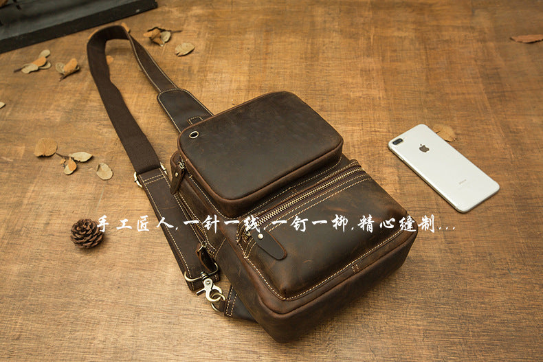 Men's Bust Bag Handmade Genuine Cowhide Leather Crazy Horse Retro Fashion Crossbody Shoulder Bag