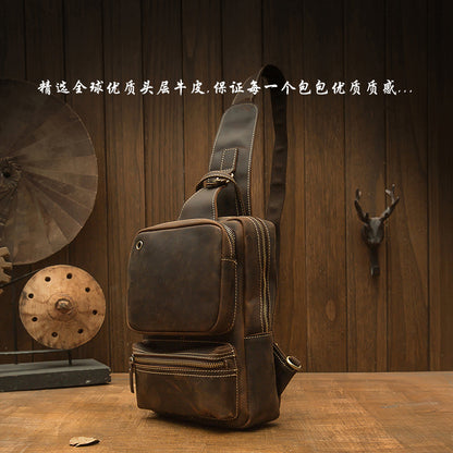 Men's Bust Bag Handmade Genuine Cowhide Leather Crazy Horse Retro Fashion Crossbody Shoulder Bag