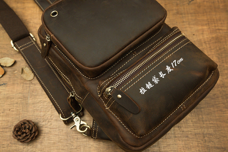 Men's Bust Bag Handmade Genuine Cowhide Leather Crazy Horse Retro Fashion Crossbody Shoulder Bag