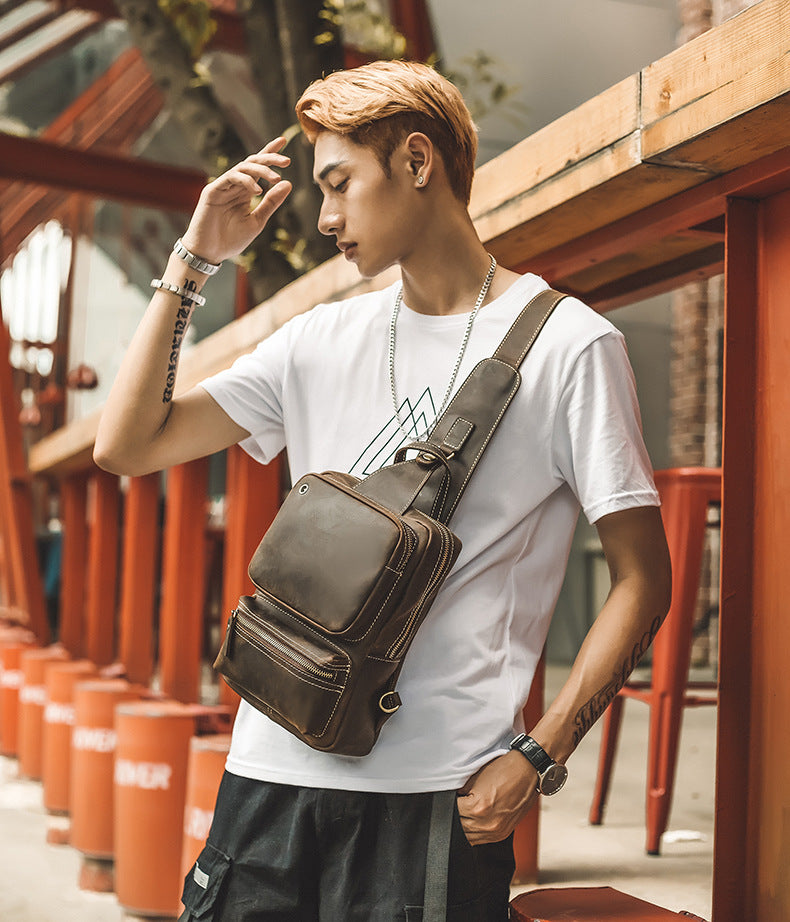 Men's Bust Bag Handmade Genuine Cowhide Leather Crazy Horse Retro Fashion Crossbody Shoulder Bag