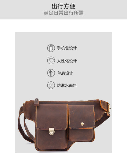 Men's Waist Pouch Cowhide Genuine Leather Outdoor Fashion Bust Bag for Men 