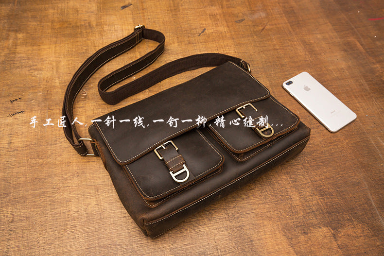 Men's Shoulder Bag Handmade Genuine Cowhide Leather Crazy Horse Retro Crossbody Bag Messenger Bag 