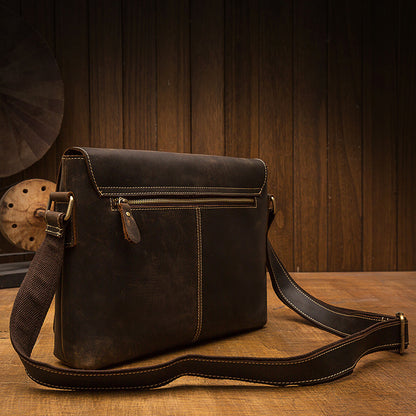 Men's Shoulder Bag Handmade Genuine Cowhide Leather Crazy Horse Retro Crossbody Bag Messenger Bag 