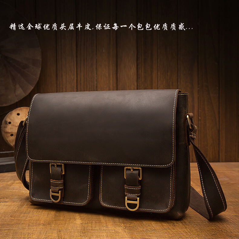 Men's Shoulder Bag Handmade Genuine Cowhide Leather Crazy Horse Retro Crossbody Bag Messenger Bag 