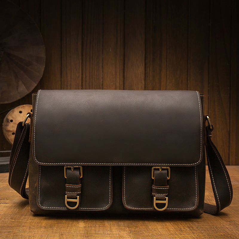 Men's Shoulder Bag Handmade Genuine Cowhide Leather Crazy Horse Retro Crossbody Bag Messenger Bag 