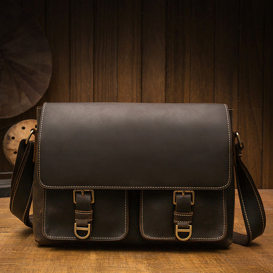 Men's Shoulder Bag Handmade Genuine Cowhide Leather Crazy Horse Retro Crossbody Bag Messenger Bag 