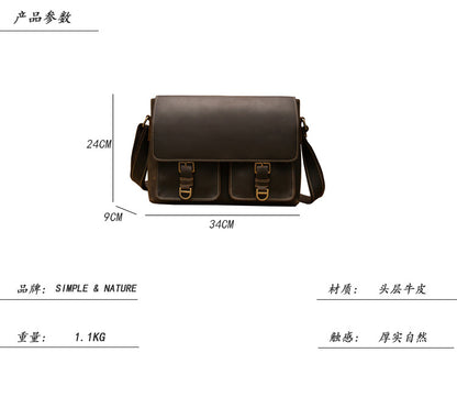 Men's Shoulder Bag Handmade Genuine Cowhide Leather Crazy Horse Retro Crossbody Bag Messenger Bag 