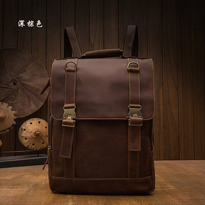 Men's backpack genuine cowhide leather handmade retro casual fashion computer bag 