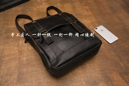 Men's backpack genuine cowhide leather handmade retro casual fashion computer bag 