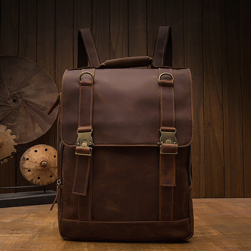 Men's backpack genuine cowhide leather handmade retro casual fashion computer bag 