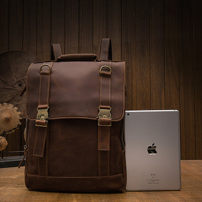 Men's backpack genuine cowhide leather handmade retro casual fashion computer bag 