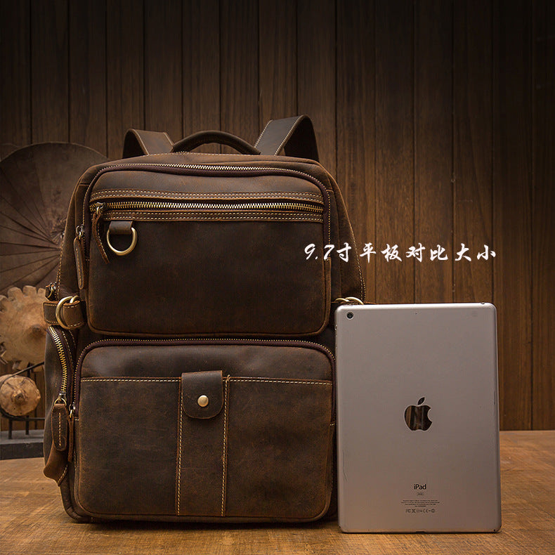 2023 New Men's Backpack Cowhide Genuine Leather Crazy Horse Retro Fashion Unique Men's Travel Bag 