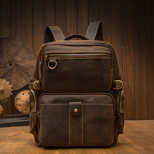 2023 New Men's Backpack Cowhide Genuine Leather Crazy Horse Retro Fashion Unique Men's Travel Bag 