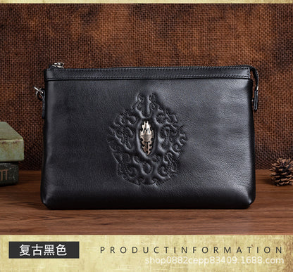 Men's Clutch Bag Genuine Cowhide Leather Retro Unique Fashion Casual Men's Handbag 