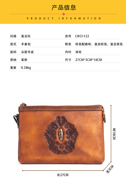 Men's Clutch Bag Genuine Cowhide Leather Retro Unique Fashion Casual Men's Handbag 