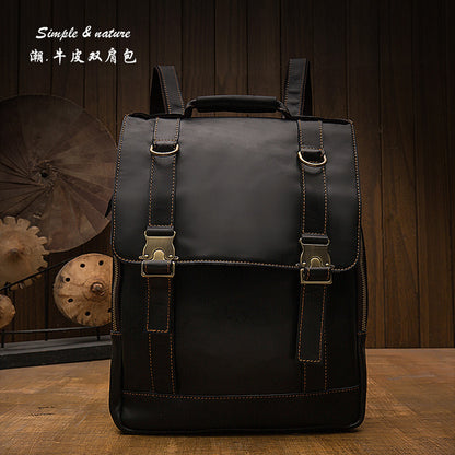 Men's backpack genuine cowhide leather handmade retro casual fashion computer bag 