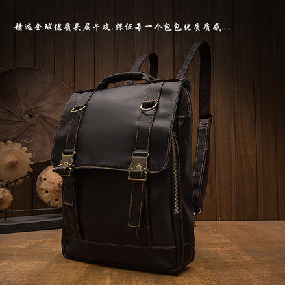 Men's backpack genuine cowhide leather handmade retro casual fashion computer bag 