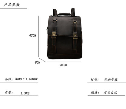 Men's backpack genuine cowhide leather handmade retro casual fashion computer bag 