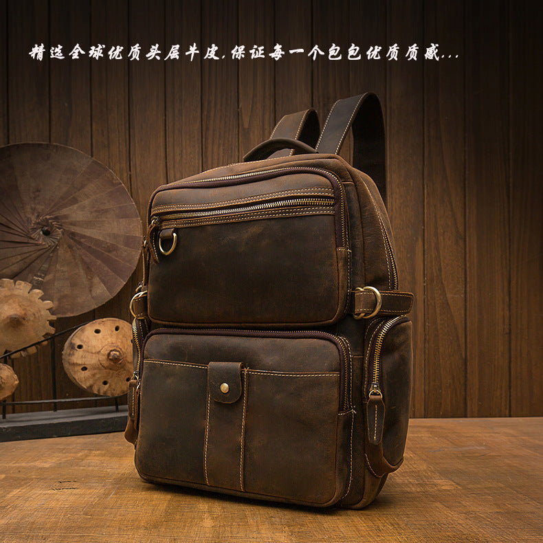 2023 New Men's Backpack Cowhide Genuine Leather Crazy Horse Retro Fashion Unique Men's Travel Bag 