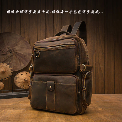 2023 New Men's Backpack Cowhide Genuine Leather Crazy Horse Retro Fashion Unique Men's Travel Bag 