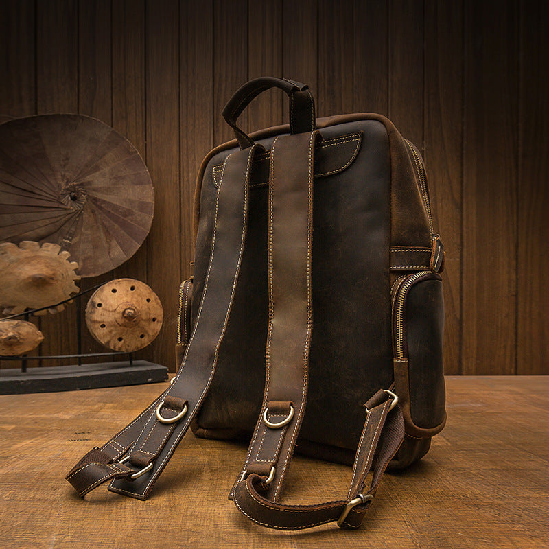 2023 New Men's Backpack Cowhide Genuine Leather Crazy Horse Retro Fashion Unique Men's Travel Bag 