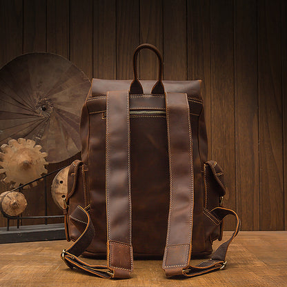 Men's backpack handmade genuine cowhide leather retro unique fashion casual travel bag 