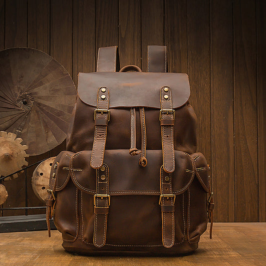 Men's backpack handmade genuine cowhide leather retro unique fashion casual travel bag 