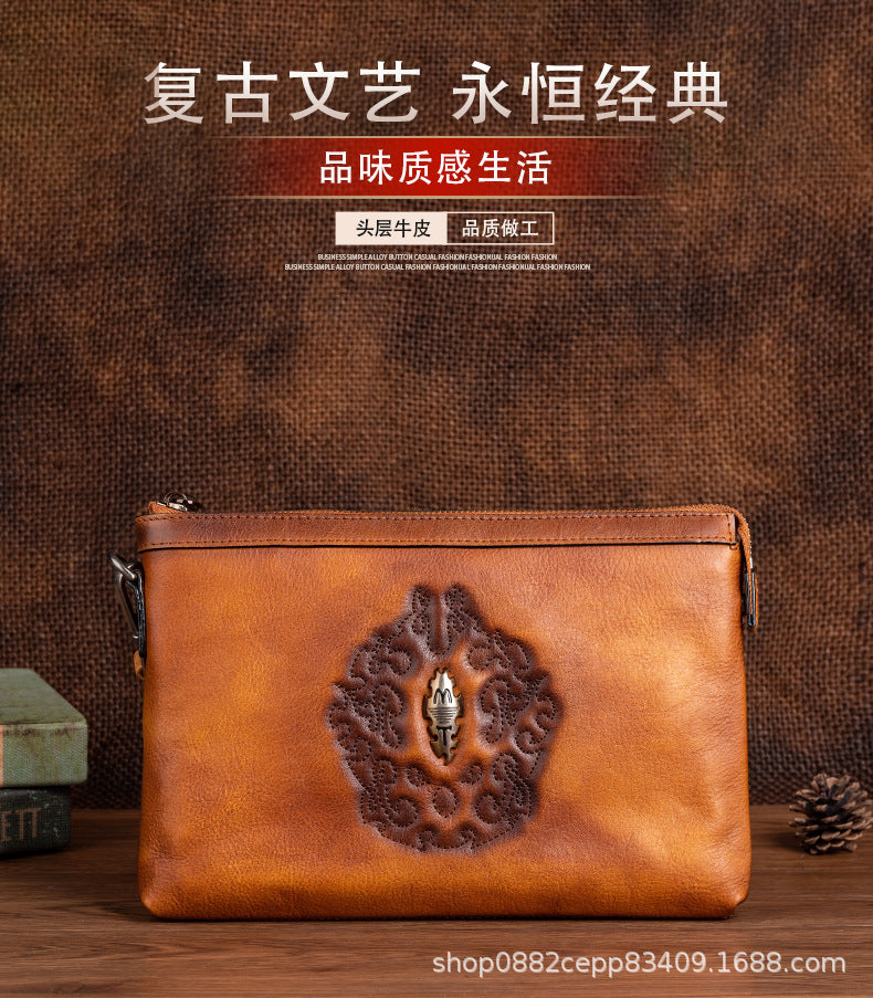 Men's Clutch Bag Genuine Cowhide Leather Retro Unique Fashion Casual Men's Handbag 